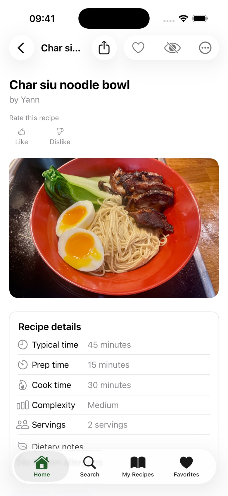 A char siu noodle bowl recipe in Better Recipes with its photo and full details stored on the phone
