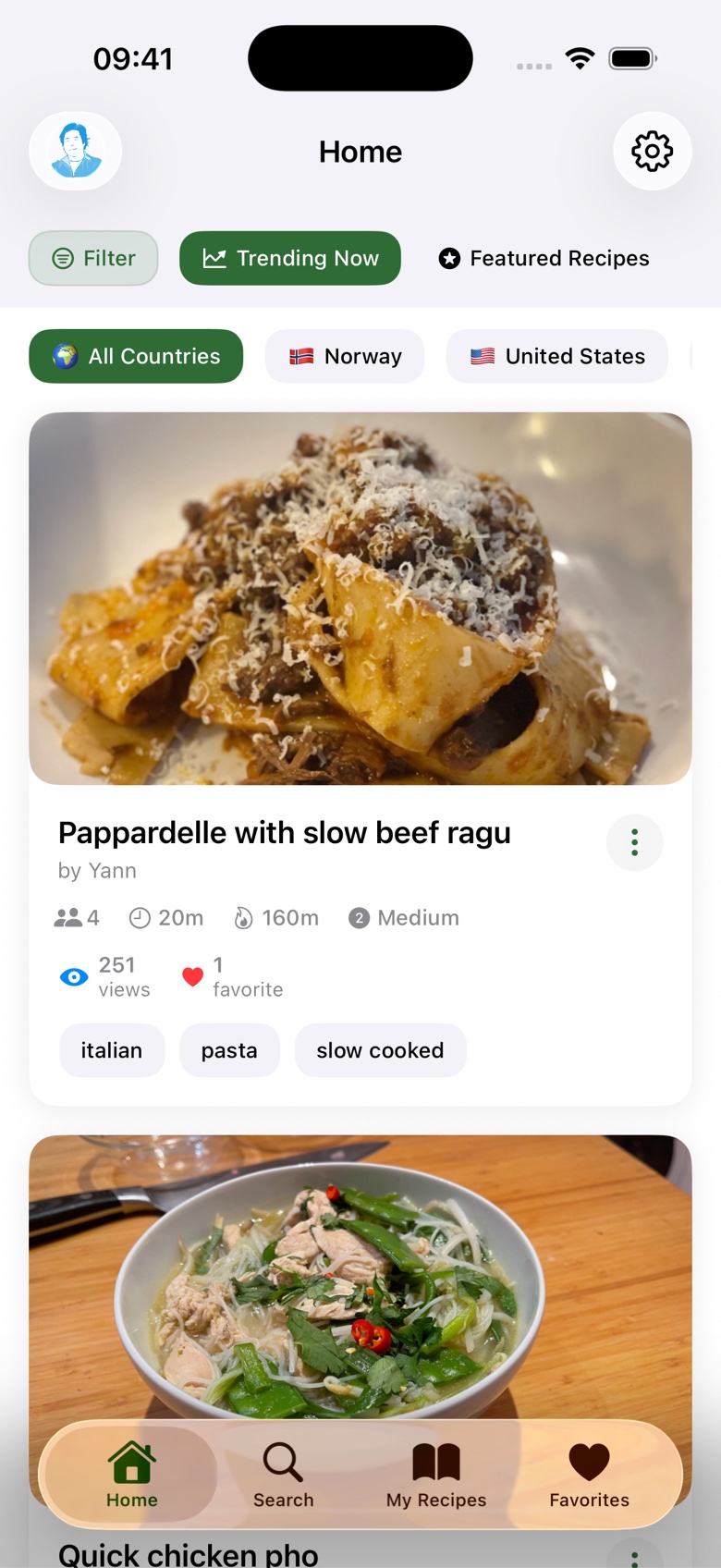 The trending feed in Better Recipes with photo cards, view counts, and country filters
