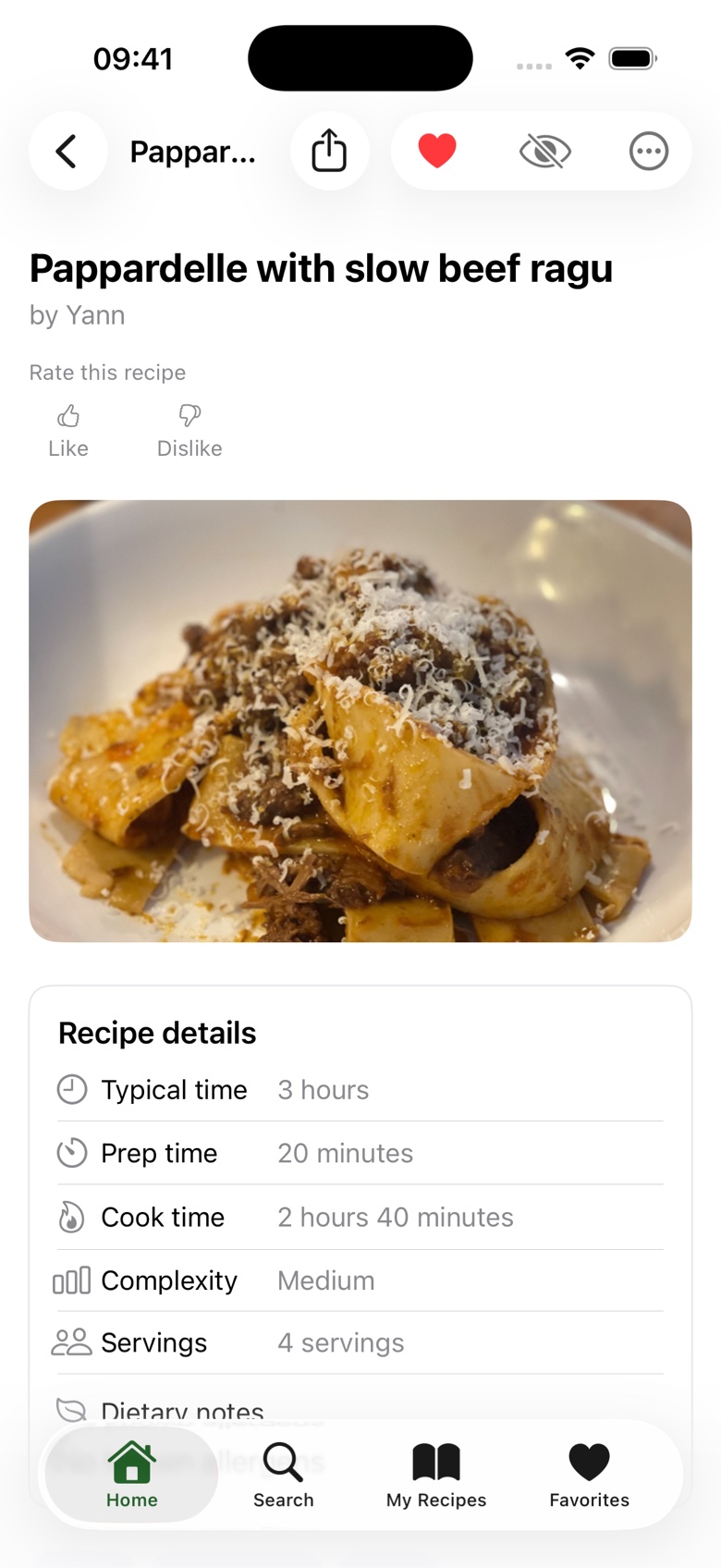 A recipe in Better Recipes: a pappardelle with slow beef ragu with its photo, rating controls, and recipe details
