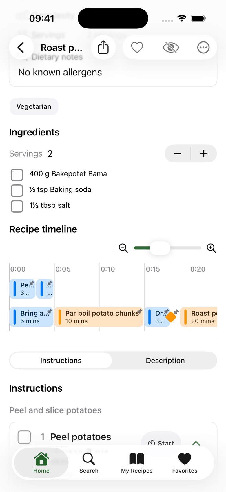 A recipe timeline in Better Recipes with color-coded steps on parallel lanes and a zoom control